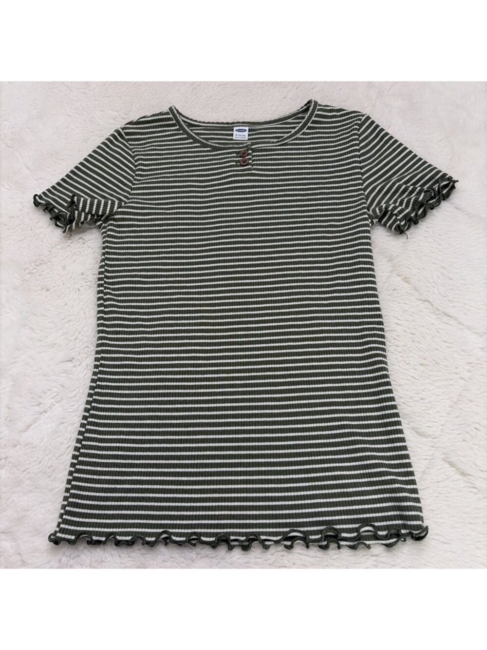 Old Navy Girls Green Striped Ribbed Shirt XL 14 16 Ruffle 90s